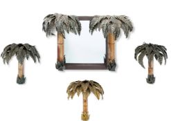ATTRIBUTED TO MAISON JANSEN (FRENCH); A PALM MIRROR AND THREE WALL LIGHTS; 20TH CENTURY