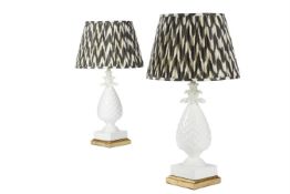 A PAIR OF WHITE CERAMIC PINEAPPLE LAMPS; SECOND HALF 20TH CENTURY