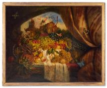 JAMES PERKINS STUDIO, STILL LIFE OF GRAPES, APPLES AND THE BUTTERFLIES