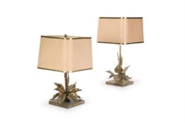 MAISON CHARLES (ATTRIBUTED), TWO GILT METAL 'BULLRUSH' LAMPS; CIRCA 1970