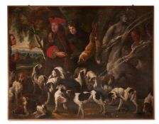 EUROPEAN SCHOOL (18TH/19TH CENTURY), HUNTING SCENE WITH HOUNDS, WATERING AT THE FOUNTAIN