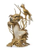 A GILT METAL AND QUARTZ/CRYSTAL FLUORITE 'PARROT' TABLE LAMP