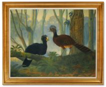 λ NIGEL HUGHES (BRITISH 1940-2021), CRAX RUBRA, A PAIR OF BIRDS IN A WOODLAND