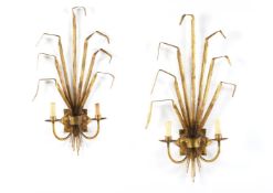 A PAIR OF GILT METAL TWIN BRANCH WALL LIGHTS, SPANISH, CIRCA 1960s