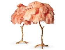 A PAIR OF BRONZE DIPPED OYSTER PINK FEATHER TABLE LAMPS, MODERN