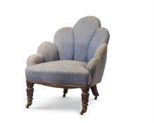 A WILLIAM IV SCALLOP SHELL BACK UPHOLSTERED MAHOGANY EASY ARMCHAIR, CIRCA 1835