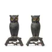 A PAIR OF CAST IRON FIRE DOGS IN THE FORM OF OWLS, POSSIBLY AMERICAN, SECOND HALF 19TH CENTURY