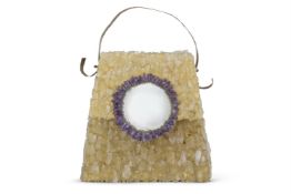 A GILT METAL, QUARTZ, AMETHYST AND MIRRORED 'AFTER HERMES KELLY BAG' WALL LIGHT