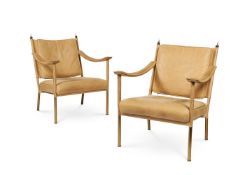 A PAIR OF TAN LEATHER AND BRASS 'PARNHAM CAMPAIGN' ARMCHAIRS, MODERN