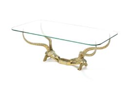 A SILVER BRONZE COFFEE TABLE OF ANTELPOE SKULLS, 1970s
