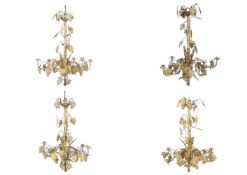 A SET OF FOUR GILT METAL SIX BRANCH CHANDELIERS, LATE 19TH CENTURY