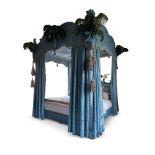 A BLUE DAMASK AND BLUE OSTRICH FEATHER FOUR POSTER BED, MODERN