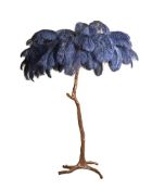 A BRONZE DIPPED FLOOR STANDING LAMP WITH NAVY OSTRICH FEATHERS, MODERN