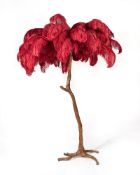 A BRASS DIPPED FLOOR STANDING LAMP WITH WINE OSTRICH FEATHERS, MODERN