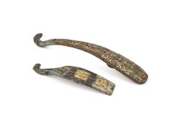 A large Chinese gold and turquoise inlaid belt hook