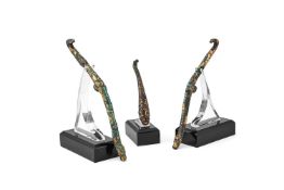 Two Chinese gilt and turquoise inlaid belt hooks