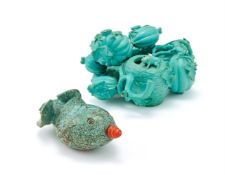 Y A Chinese turquoise 'robins egg' stone fish snuff bottle and cover