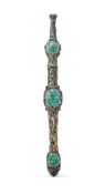 A large Chinese turquoise inlaid gilt bronze belt hook