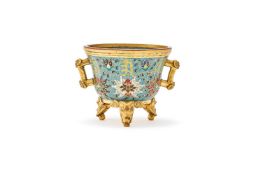 A small Chinese cloisonné tripod twin handled censer