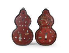 Y A large pair of jade and hardstone inlaid double gourd lacquer panels