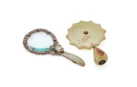 A Chinese jade and tourmaline mounted sliver magnifying glass