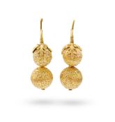 A pair of Chinese chased gold 'double gourd' earrings