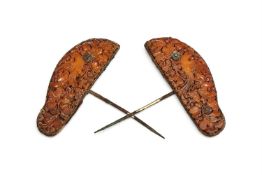 A pair of Chinese gilt and amber embellished hairpins