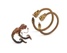 A pair of Chinese silver-gilt filigree 'Dragon fish' earrings