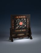 A Chinese Imperial hardstone inlaid zitan and huanghuali 'Longevity' table screen