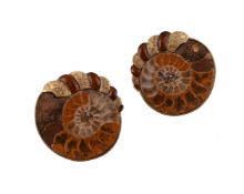 A PAIR OF AMMONITE AND ENAMEL EARRINGS