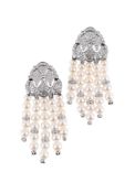 A PAIR OF DIAMOND AND CULTURED PEARL TASSEL EARRINGS
