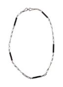 A PLATINUM, AGATE AND CULTURED PEARL NECKLACE/ALBERT CHAIN