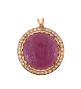 A RUBY INTAGLIO AND DIAMOND BROOCH/PENDANT