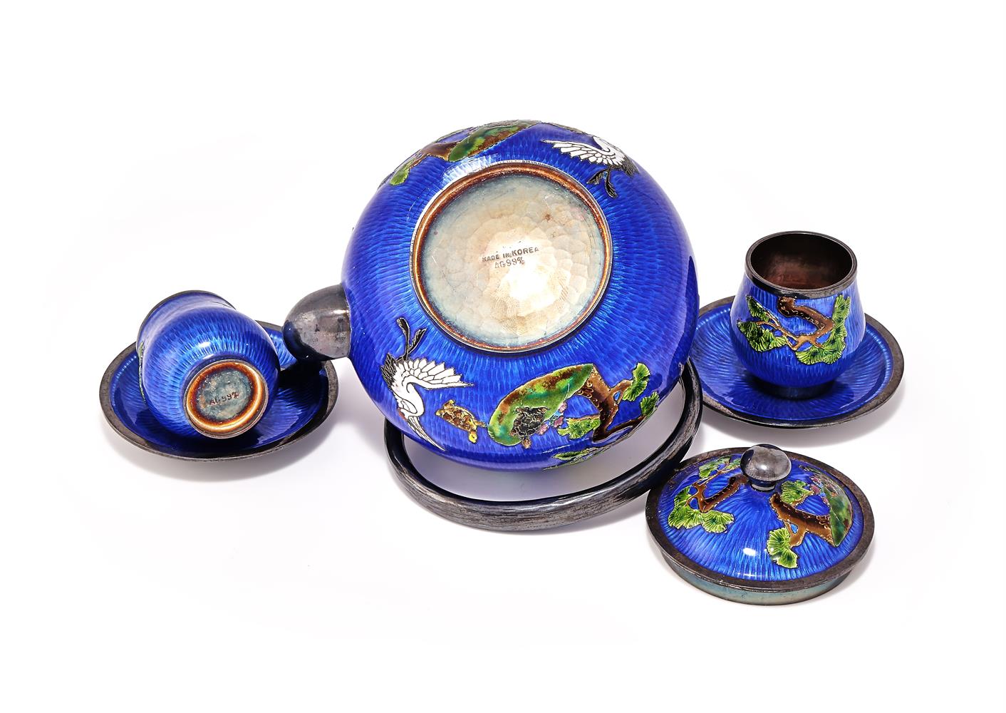 A Korean silver enamelled teapot and matching cups and saucers - Image 3 of 3