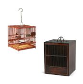A Chinese wood and bamboo square bird cage and case
