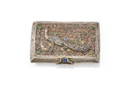 An Indian silver gem-set 'peacock' snuff box with hinged cover