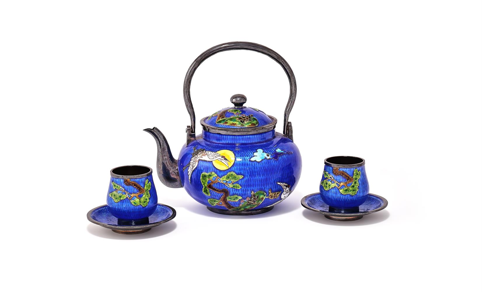 A Korean silver enamelled teapot and matching cups and saucers