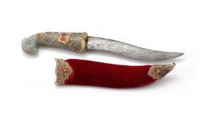 A Mughal dagger with a diamond and white stones and corundum and ruby-set jade hilt and matching sca