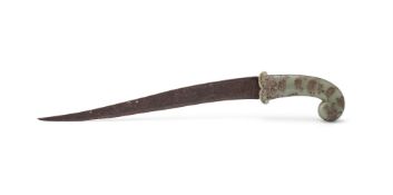 A Mughal celadon jade silver-inlaid hilt