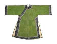 A Chinese green silk damask Manchu women's robe