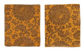 Two rare Chinese silk orange-yellow brocade 'Lotus' flower panels