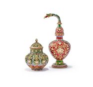Two Indian gem-set and enamelled and applied gold coloured scent bottles