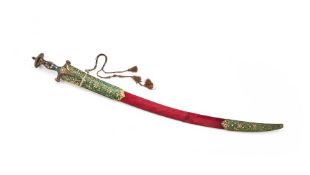An Indian enamelled gem-set hilted steel sword (Tulwar)