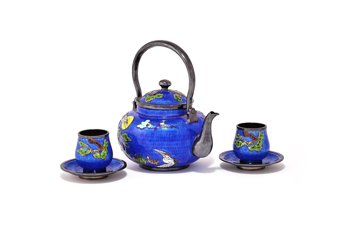 A Korean silver enamelled teapot and matching cups and saucers - Image 2 of 3