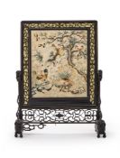 A Chinese Canton silk embroidered 'hundred bird and phoenix' hardwood screen