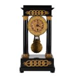A FRENCH GILT BRONZE MOUNTED AND BLACK PAINTED PORTICO MANTEL TIMEPIECE, CIRCA 1840