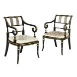 A PAIR OF REGENCY GREEN AND GOLT PAINTED ELBOW CHAIRS, 19TH CENTURY
