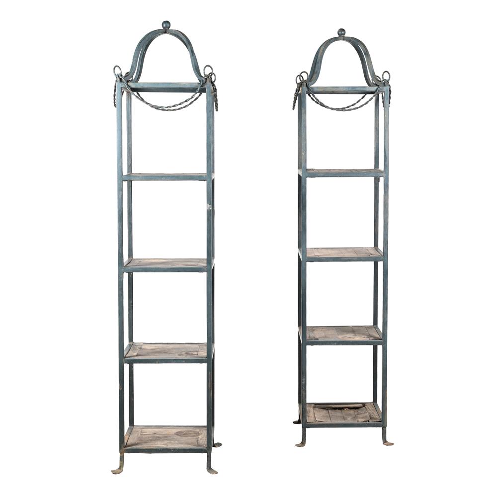 A PAIR OF FOUR-TIERED METAL AND WOODEN PLANT STANDS, IN VICTORIAN TASTE, 20TH CENTURY
