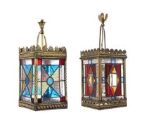 TWO SIMILAR BRASS AND COLOURED GLASS INSET HALL LANTERNS, LATE 19TH CENTURY