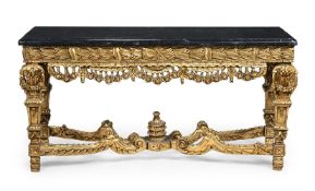A CARVED GILTWOOD AND MARBLE TOPPED CONSOLE TABLE, IN 18TH CENTURY STYLE, 19TH CENTURY